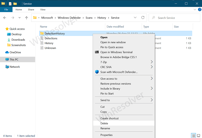 Delete DetectionHistory of Windows Defender in Windows 10