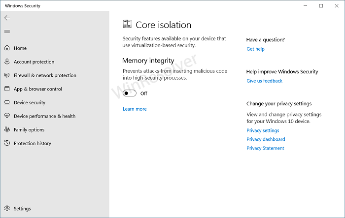 Core isloation - memory integrity in windows 10