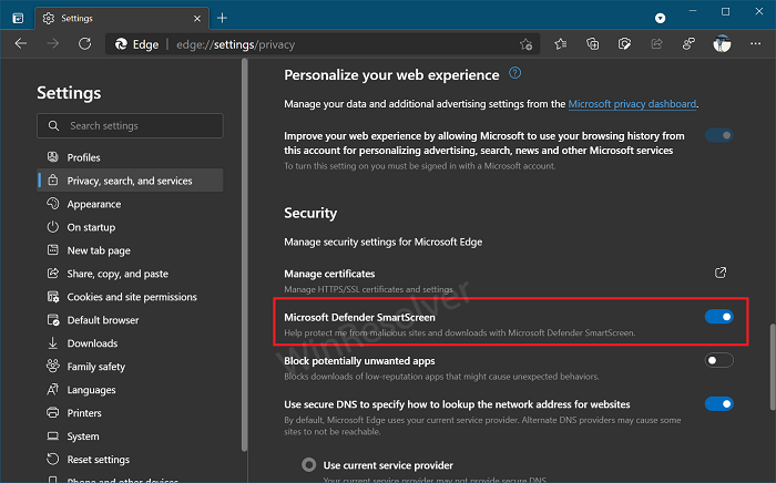 Disable Microsoft Defender SmartScreen in Edge