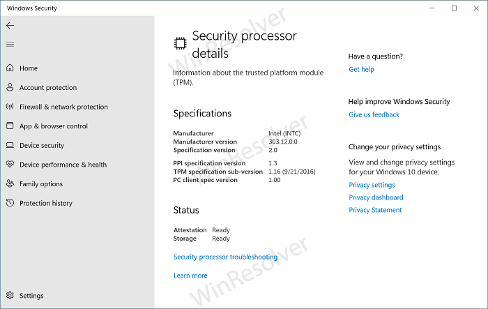 Security Processor details in windows 10