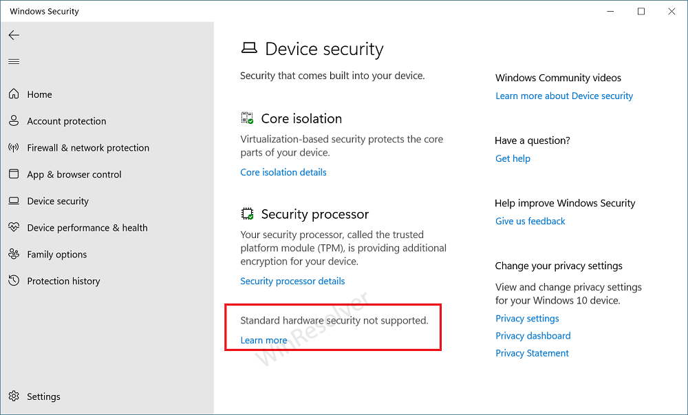 Standard hardware security not supported in Windows 10 Security 