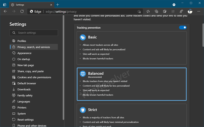 Set Tracking Prevention to Balanced in Microsoft Edge
